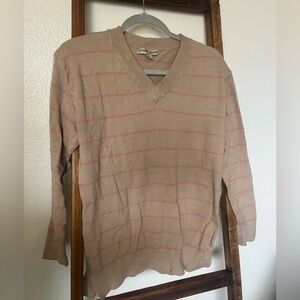 Love & Chance Men's V-Neck Sweater in Tan with Pink Stripes